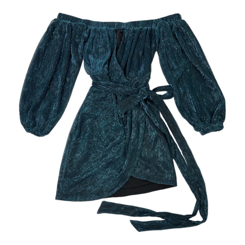 Michael Costello x Revolve Hemma Metallic Blue Off-the-Shoulder Mini Dress NWT - Picture 3 of 8